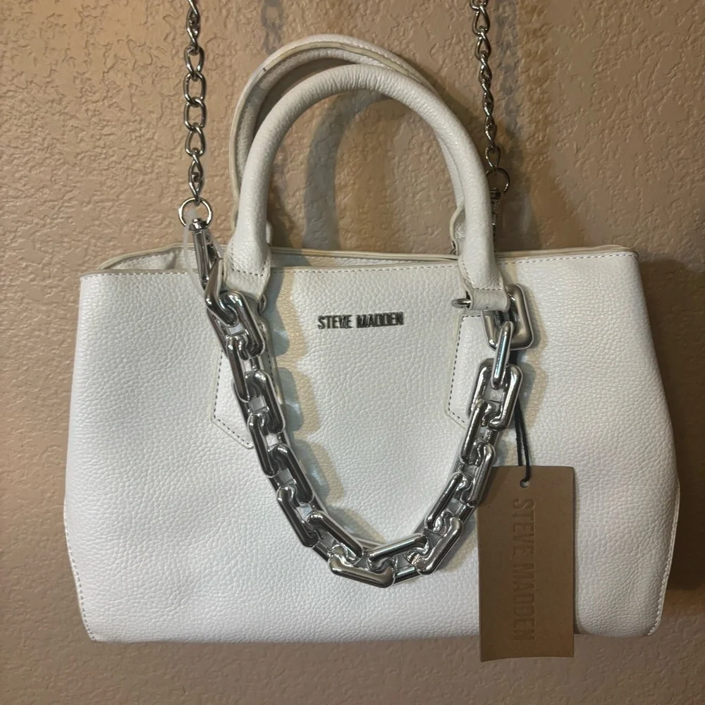 NWT Steve Madden Ivory Satchel/ Crossbody with Silver Chains Vegan Leather New